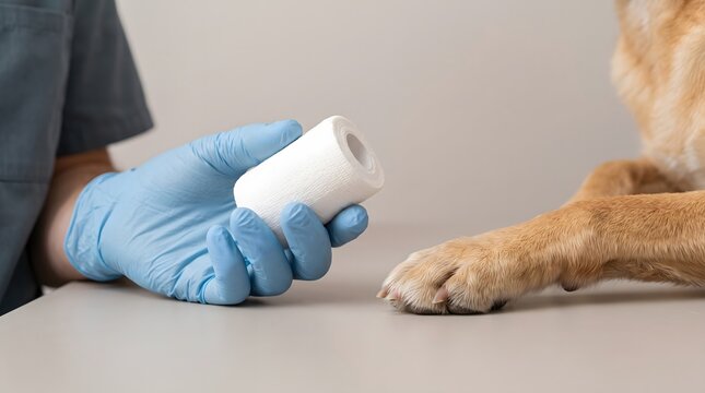 Veterinarian Applying Medical Bandage to Injured Dog Paw at Clinic