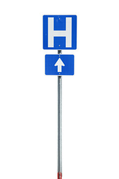 a blue traffic sign with directions to the hospital Isolated on transparent background&nbsp;