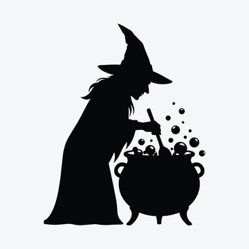 Witch brewing a magic potion in a bubbling cauldron silhouette for halloween vector