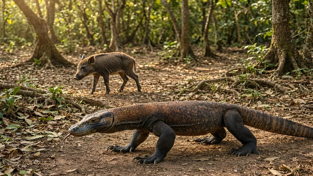 Komodo Dragon Walking in Forest with Wild Boar Piglet in Background - Wildlife Encounter