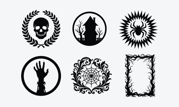 Halloween spooky icon set vector with skull haunted house spider zombie hand and frame