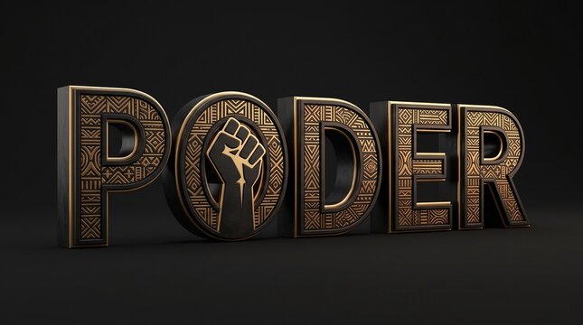 Palavra Poder em letras 3D dourada e preta com punho cerrado e padr&otilde;es africanos