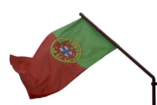 the flag of Portugal waving on a rusted pole Isolated on transparent background 