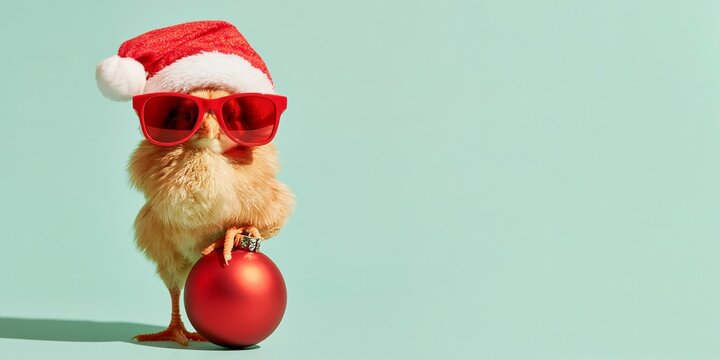 Merry Christmas xmas concept holiday funny animal greeting card - Cool cute chick with santa hat, isolated on aquamarine background