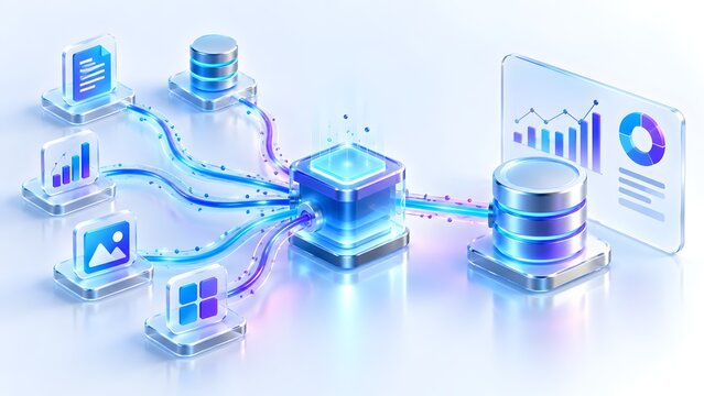Isometric data pipeline connecting multiple digital sources through central processing cube to database storage and analytics dashboard screen