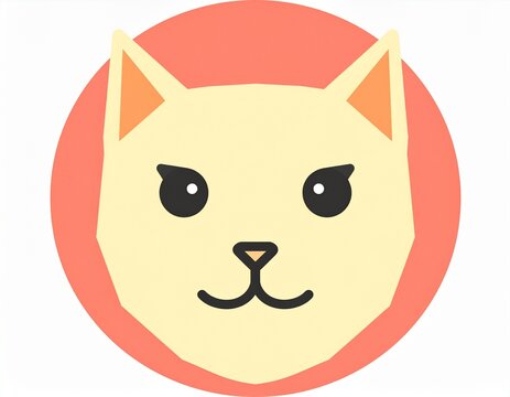 A minimalist flat vector illustration depicts a stylized cat head inside a coral circle.