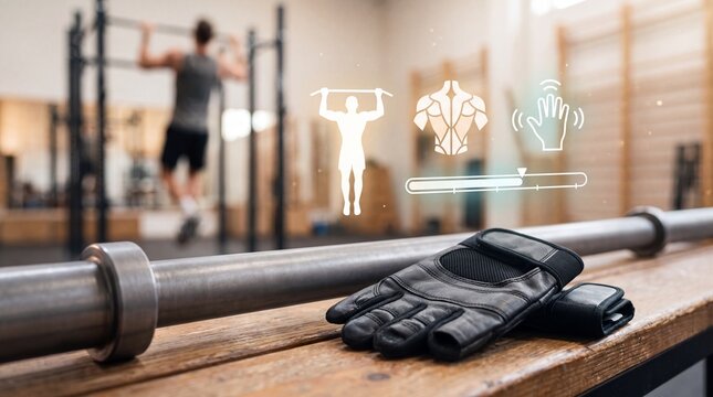 Black workout gloves resting on a metal barbell in a gym with digital fitness icons with pullups blurred background weightlifting gloves sit person performs pullups