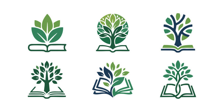 Book and tree logo design collection for education eco library and knowledge concept