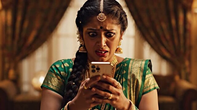 Shocked Indian woman grips smartphone and stares at its screen, her alarmed expression growing tense. Ornate sari and jewelry emphasize cultural dress as she reacts to troubling digital news indoors.