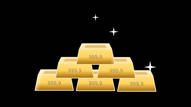 3D animation of shiny gold ingots stacked in pyramid shape with sparkling light effects on transparent background