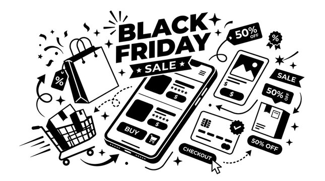 Black Friday sale illustration with shopping cart smartphone and discount elements on white background