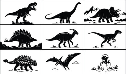 Collection of prehistoric dinosaur silhouette icons including tyrannosaurus stegosaurus triceratops raptor pterodactyl ankylosaurus and baby hatching egg © MSTFAHMIDA