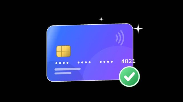 3D animated credit card with checkmark icon indicating successful payment on transparent background