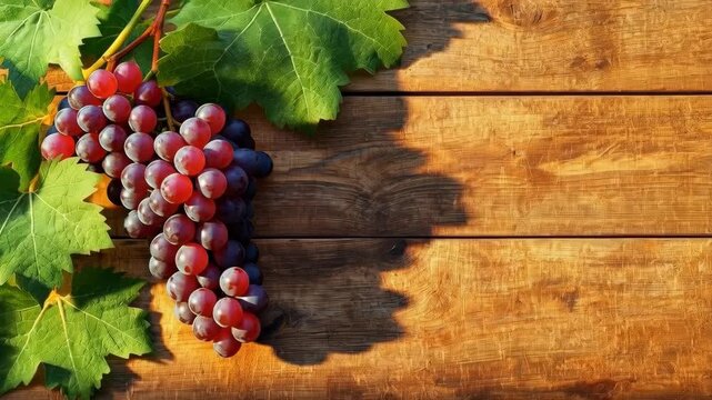 Red Grape Bunch with Vine Leaves on Rustic Wooden Table in Warm Sunlight