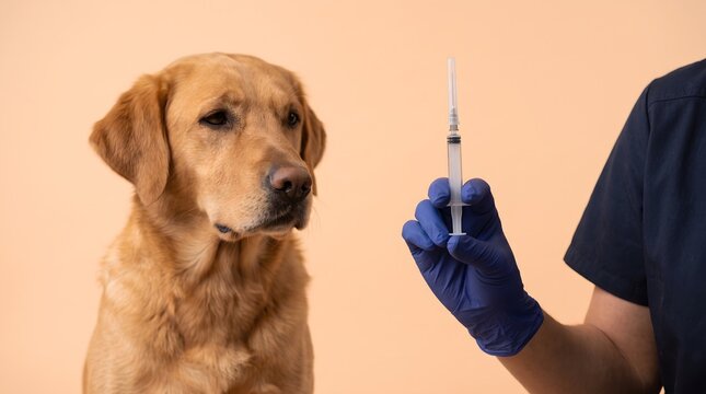 Veterinarian Preparing to Administer Vaccine Injection to a Golden Retriever Dog