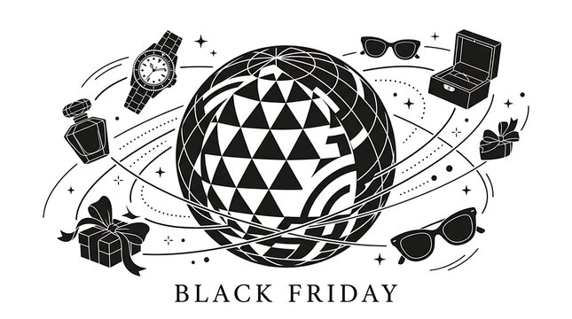 Black Friday sale composition with luxury goods and geometric sphere black and white