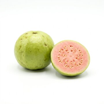 Fresh Pink Guava Whole and Half Isolated on White Background
