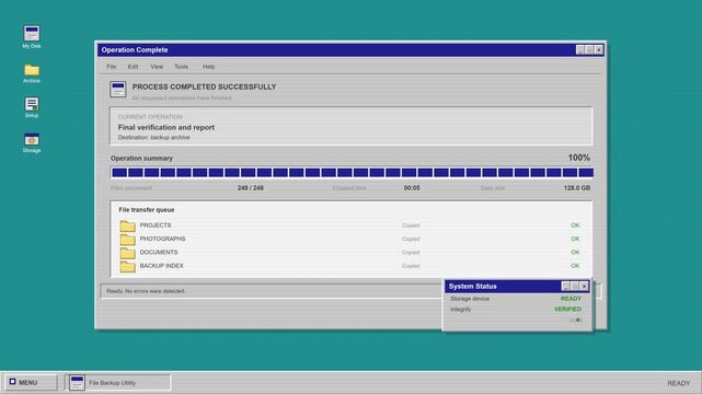 File Backup Utility Software Interface Showing Data Transfer Progress and System Status
