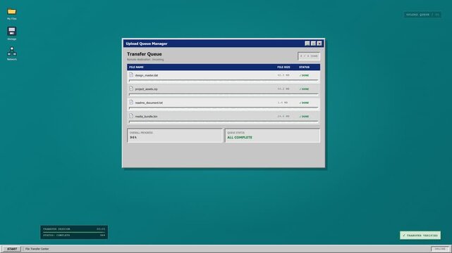 Upload Queue Manager on a Classic Computer Desktop Interface with File Transfer Progress Bars