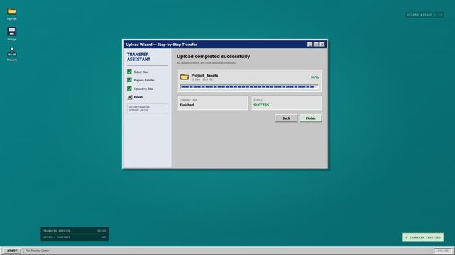 Upload Wizard Interface Shows Progress Bar for a File Transfer Process on a Retro Computer