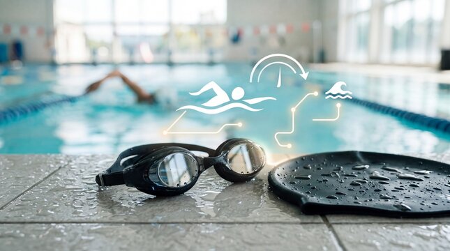 Swimming goggles and a black swim cap resting on the wet edge of a pool with swimmer blurred background tiled edge indoor black rubber professional competition with performance