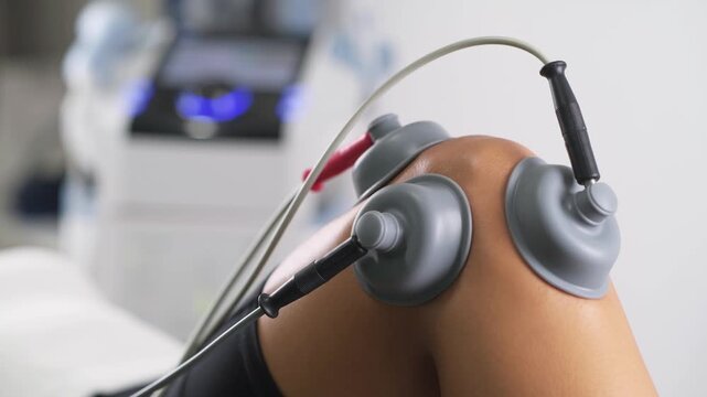 Electrotherapy electrodes attached to a patient&rsquo;s knee during a rehabilitation treatment focused on muscle stimulation, pain management, joint recovery, and physiotherapy.