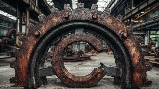 Close-up of a large, heavily rusted metal gear with one intentionally shaped tooth in an abandoned industrial setting