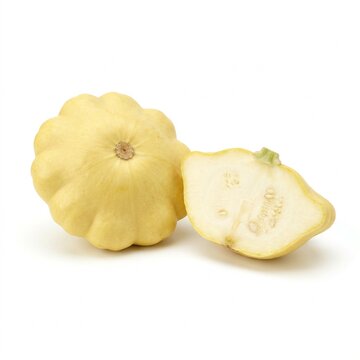 Fresh Yellow Pattypan Squash Whole and Halved on White Background