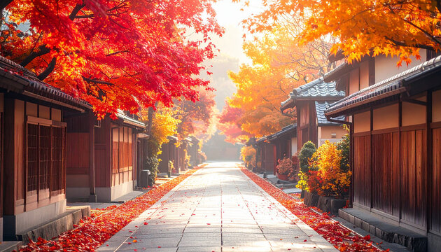 日本　京都　路地裏　風景　背景　紅葉 Generative AI  

