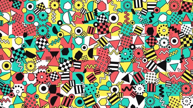 Abstract geometric seamless pattern with 80s 90s Memphis style elements and vibrant colorful shapes