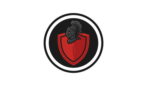 Medieval knight helmet on red shield circular logo icon.