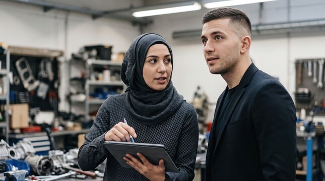 People discussing data on tablet in modern workshop, with focused professionals sharing ideas during collaborative conversation and technical planning session