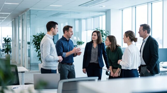Office people having business discussion in modern workplace, sharing ideas and building teamwork through collaboration and communication