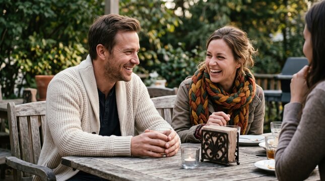 People laughing and conversing at outdoor cafe table, enjoying warm friendship and relaxed social interaction in leafy garden setting with natural light and cozy decor