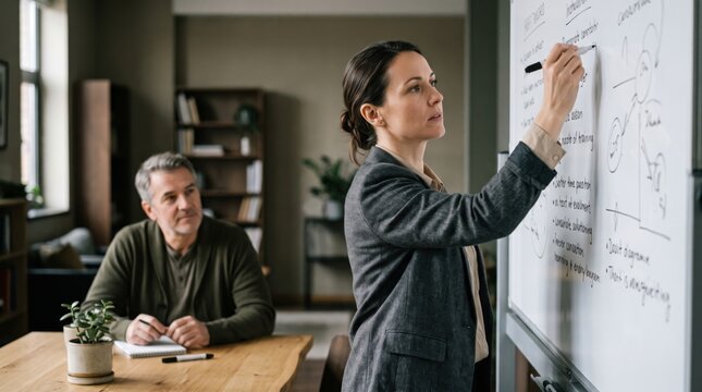 Woman presenting information on whiteboard in office with colleague, sharing ideas during collaborative business meeting