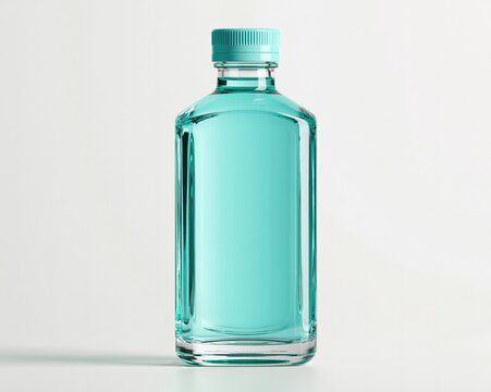 Clear, rectangular glass bottle filled with light blue liquid, capped with a matching turquoise lid.