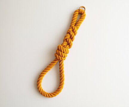 Yellow rope looped into a knot, hanging from a wooden ring against a white background.