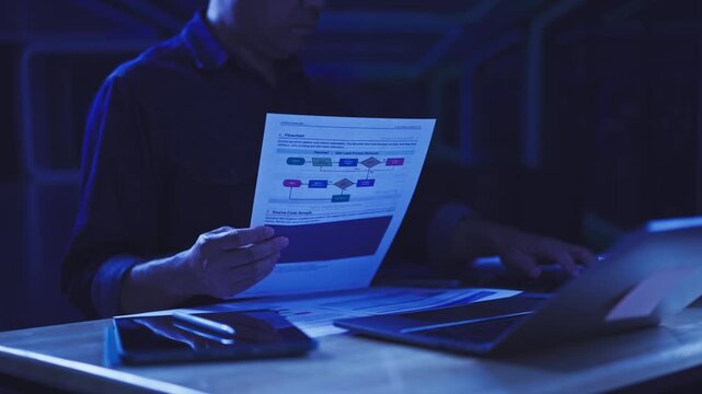 Programmer reviews system flowchart documentation at dark office desk beside laptop. Software architecture planning, source code algorithm design, technical database analysis.