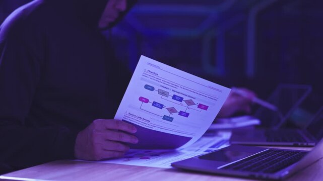 Hooded hacker examines flowchart document source code diagram near laptop indoors. Cybersecurity vulnerability analysis, data breach planning, network intrusion forensics investigation.