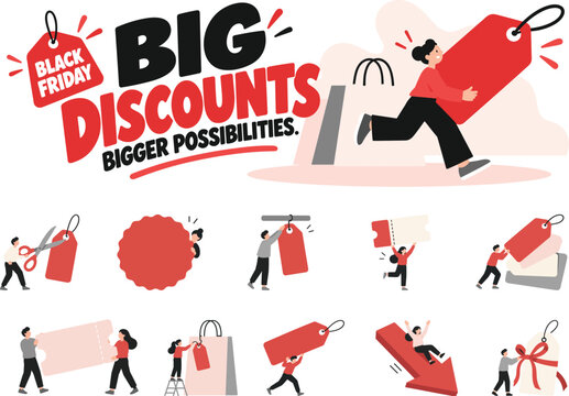 Big Discounts and Sale Tag Vector Illustration Set with Retail Promotions