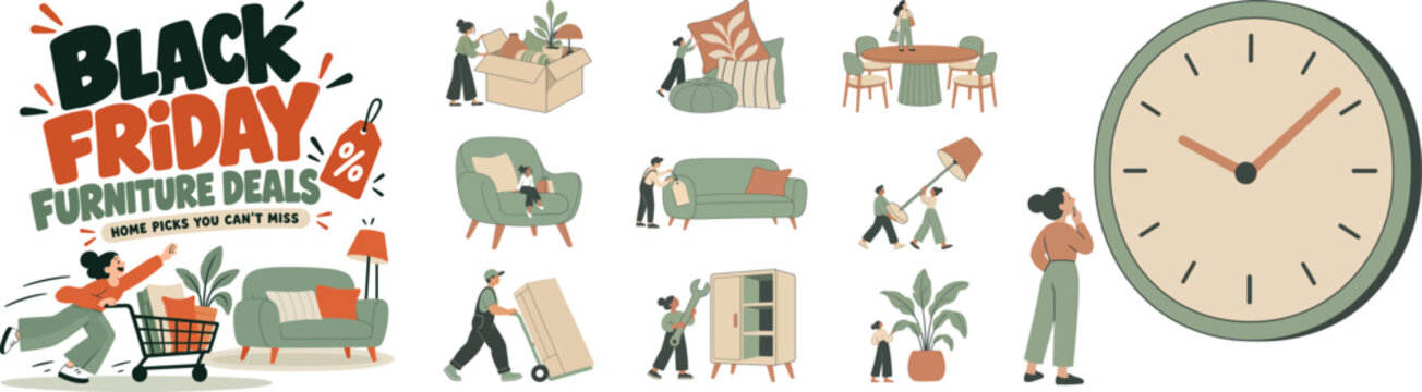 Black Friday Furniture Deals and Home Decor Vector Illustration Set