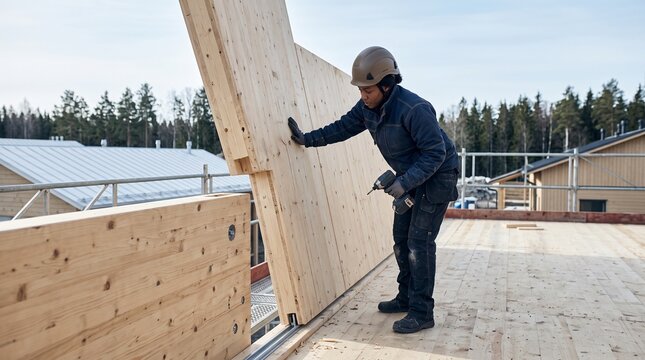 Worker fitting a timber wall panel on a housing deck