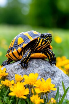 A turtle with a yellow and black pattern on its shell is sitting on a rock in a field of yellow flowers