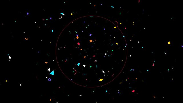 Colorful Confetti Explosion with Geometric Shapes Floating in Circular Frame on Black Background