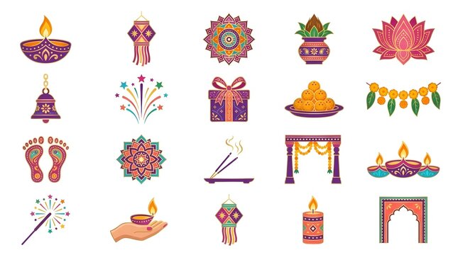 Diwali Decorative Vector Icon Set with Colorful Rangoli Mandalas, Lotus Flowers, Diyas and Paisley Borders