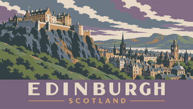 Edinburgh Scotland Vintage Travel Poster Illustration with Castle and City Skyline