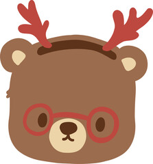 Cute brown bear cartoon clipart wearing red reindeer antlers and round glasses, featuring an adorable face, tiny nose, rounded ears, and a festive Christmas look with playful holiday charm © GuitaRies