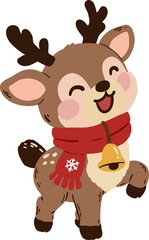 Cute Christmas reindeer cartoon clipart smiling brown deer wearing a red scarf with snowflake and golden jingle bell, raising one hoof with rosy cheeks and antlers for festive winter holiday designs © GuitaRies