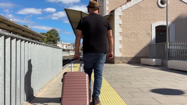 Hombre llegando a la estaci&oacute;n de tren con su maleta