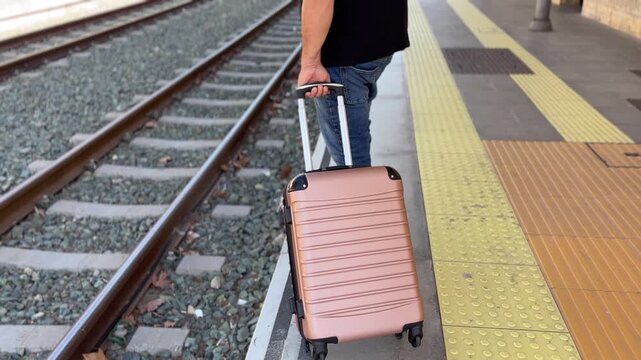 Tilt up de hombre mirando si llega el tren con su maleta en el and&eacute;n